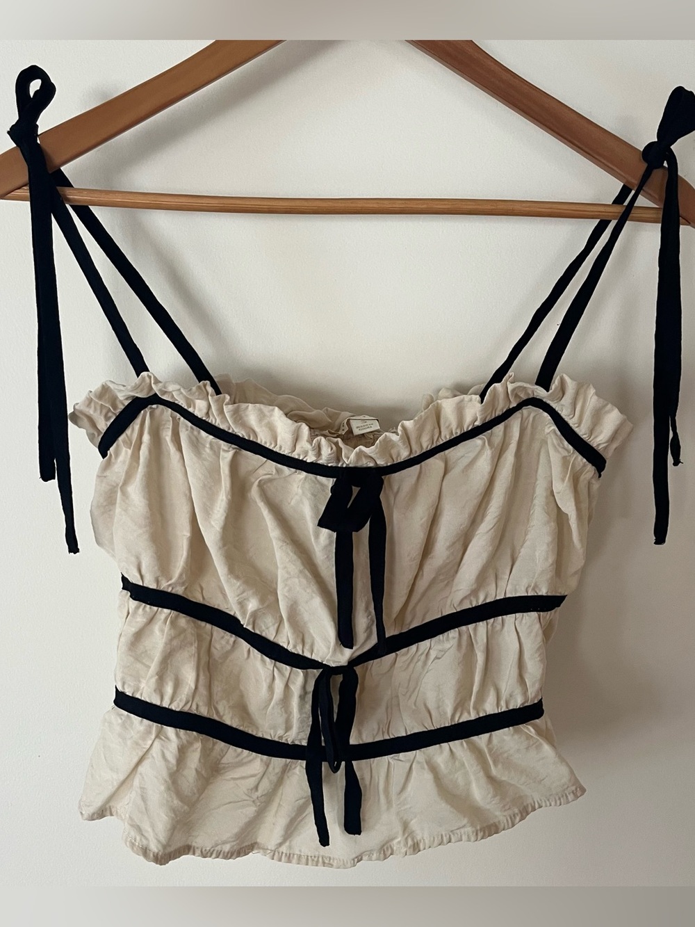Coquette Ruffle Cami with Black Ribbon Ties & Trim